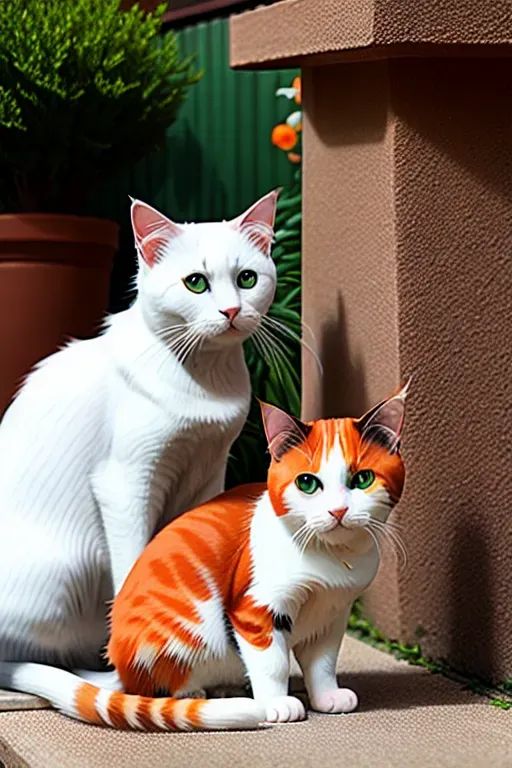 A calico cat and a white cat with a few orange patches, sitting on a sunny terrace, ultra realistic , 8k