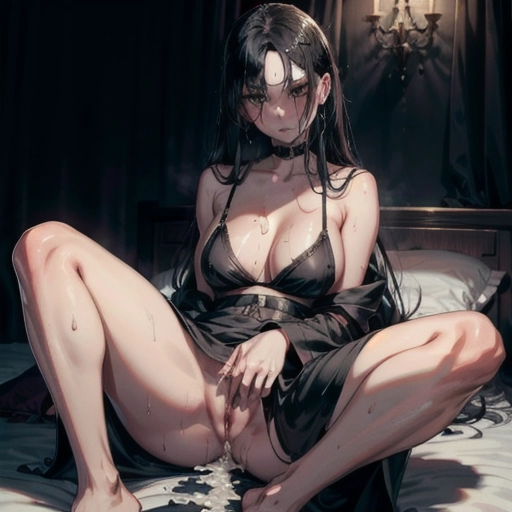 establishing shot, (((loose black long dress))), slim curvy, eurasian woman, (hyper-realistic face:1.3), 32k uhd --ar 9:16 --stylize 750 --v 6, realistic,((((solo)))), nudity, (((long straight black hair))), (small breasts:1), breasts focus, wet skin, lips, perfect-hard-nipples, solo_focus, eye-contact, lifted black long dress, uncensored, ((torn black long dress)),
background hotel bedroom, sweaty, (((exhausted))),uncensored,
<lora:dpmg_add_detail:0.5>, (best quality),
beautiful, (((masterpiece))),(high resolution), (uhd), (8k),
sensual shy smile, ahegao,
in bed, (cum:1.4), (slut:1.5), (spread pussy:1.4), <lora:dpmg_imminent_fuck:.8>