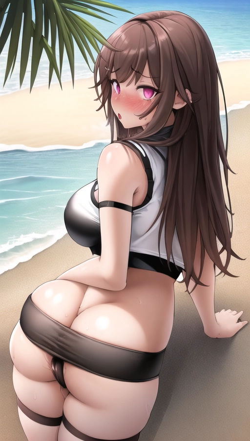 best quality, masterpiece, 1girl,1boy, sex, nsfw, view from the back, looking at viewer, beach background, sun, pink eyes, long hair, brown hair, medium breasts, thicc ass, young horny female, blush, ahegao, embarrassed, rolling eyes back, high-waisted thong, laying down, (black crop top), legwear