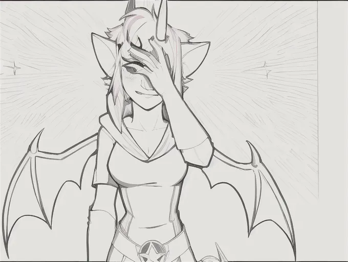 masterpiece, best quality, full face, half body, 1girl, solo, short_hair, horns, imp, smile, pink hair, tussled hair, blue hoodie tunic, belt with star long_gloves, mono lens goggles, lineart, bat wings, tail, centered in frame, dynamic <lora:manga_lineart:1>