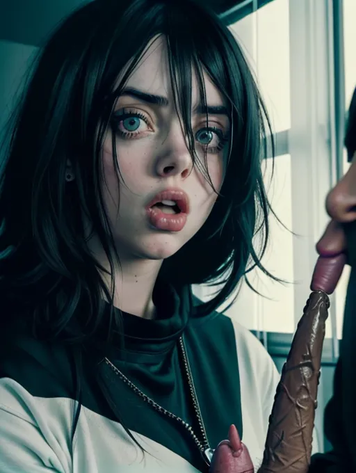 high definition photograph, 1 WOMAN 1 MAN, (cute Billie Eilish) ((accurate face)), white woman, black man, (interracial), ((big black cock)), fucked by black cock, ((anal sex))((sodomy))((fucked in the ass))((black cock in asshole)), ((surprised)) eyes wide, big black cock, looking up,