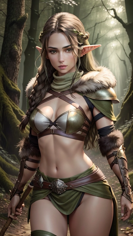 ((rpg fur armor)), ((skimpy)), ((tight clothes)), (small breasts), (adventurer), fantasy, dark brunette hair, ear piercing, ((wood elf)), (((extreme detail))), (very realistic lighting), ((night)), dark green eyes, Realistic lips, (((realistic anatomy))), woman, outside, (HDR), (((nature))), (druid class), ((64k)), (High detail), (hyper realistic), ((wielding wooden staff)), (UHD), (slight light green tint to skin)