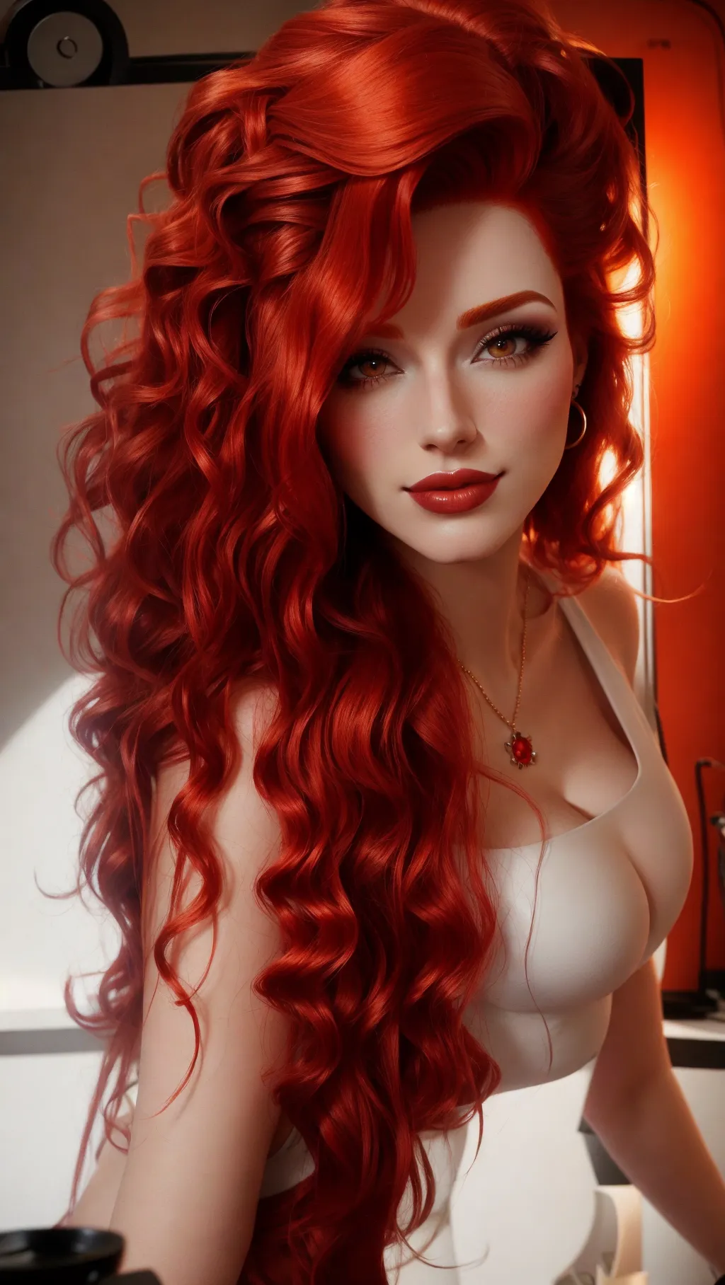 redhead woman, 19 year old, small breasts, cute, curly hair, high contrast, picture from the side, cute smooth face, beutiful, makeup, Pixar, 3d, 4k,