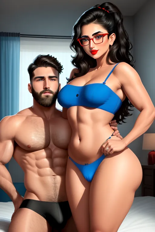 A male and female couple, a hot Mom stripping, getting ready for sex, undressing, indian, short wavy dark hair with pins, glasses, dark eyebrows, blue eyes, cute nose, strong cheeks, full red lips, blue cotton undies, curvy figure, cute breasts, thick tummy, thick ass, full thighs, cute shoulders, cute arms, aroused clit, spread wet pussy, in the bedroom, a muscular American red haird bearded man in the back, the man is on the bed getting ready to fuck her, high definition, 4k quality, excellent lighting, great shading, pristine detail, very clear picture, beautiful vibrant colors, accurate at lower prompt guidence, ultra realistic, five fingers per hand.