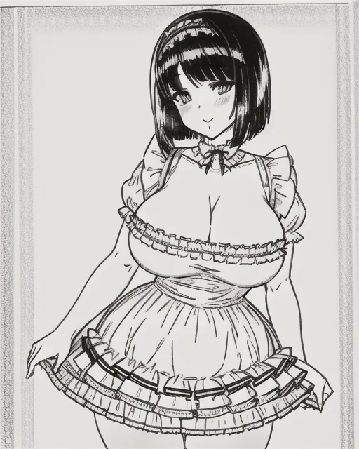 A sexy French maid fondling her breasts, huge breasts, wide hips, frilly dress, poofy dress, black hair, bob-bit hairstyle, well drawn face, pencil line art, short skirt, nsfw