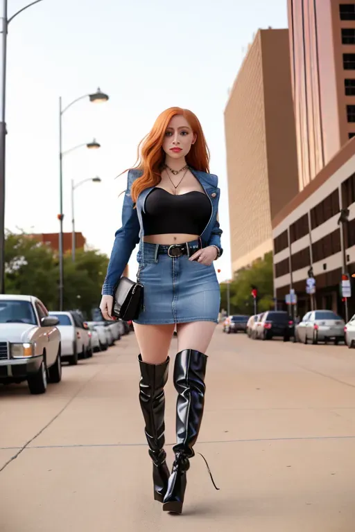 full body, strawberry blonde hair, hazel eyes, short girl, denim miniskirt, black high heel boots, looking at viewer, long hair, pale skin, silver necklace, black crop top, 24 years old, giant breasts, cute face, pov, wavy hair, city environment, Oklahoma City, wide eyes, erotic, skirt tug, leather jacket, nighttime, black backpack, slim