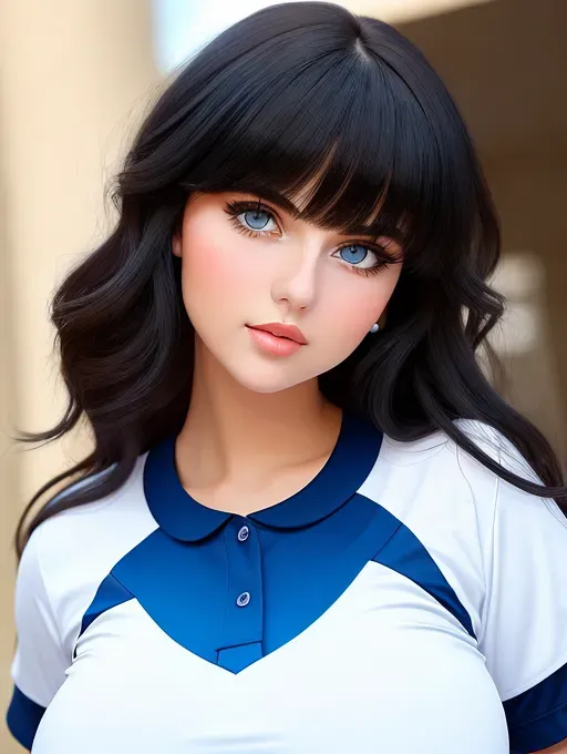 Gorgeous young European woman, photo cute attractive face, large wide doe eyes, light colored eyes, big plump lips, huge gigantic boobs, (gigantic tits), black hair, bangs, sexy, thin, slim waist, tight blue and white baseball jersey shirt, photorealistic, best quality, ultra high resolution