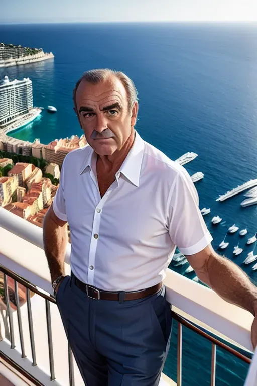 Young Sean Connery on a luxury balcony looking over Monaco , 8k