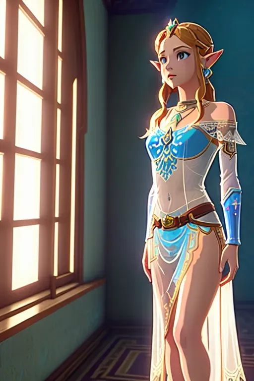 A young princess Zelda (BOTW) sitting in window, wearing a see-through lace dress, loose-fit clothing, transparent clothing, slipping off shoulders, around her waist, with flat chest, full body nudity, her back is turned, high definition, (breath of the wild), freckles, high quality, crying