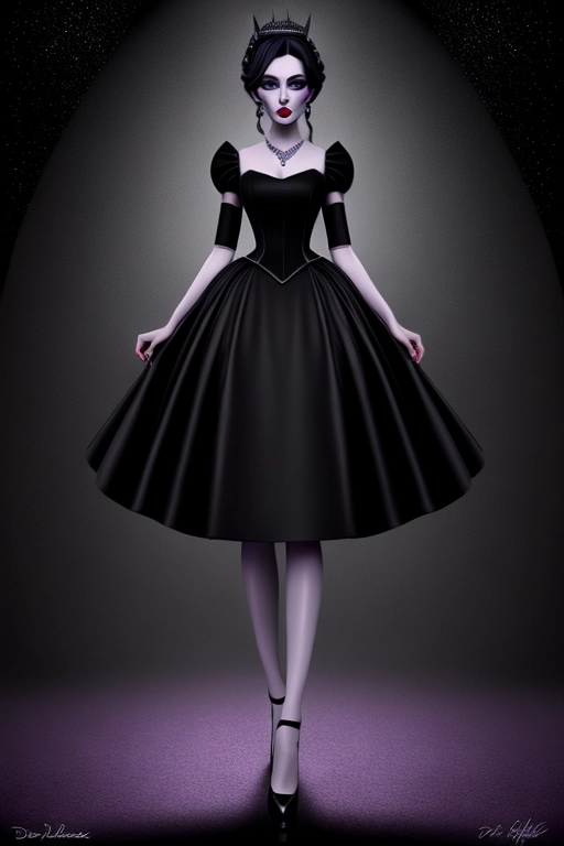 digital art of Cinderella from Disney wearing a goth version of her dress from Disney, black lipstick and dark eye shadow. thin skinny