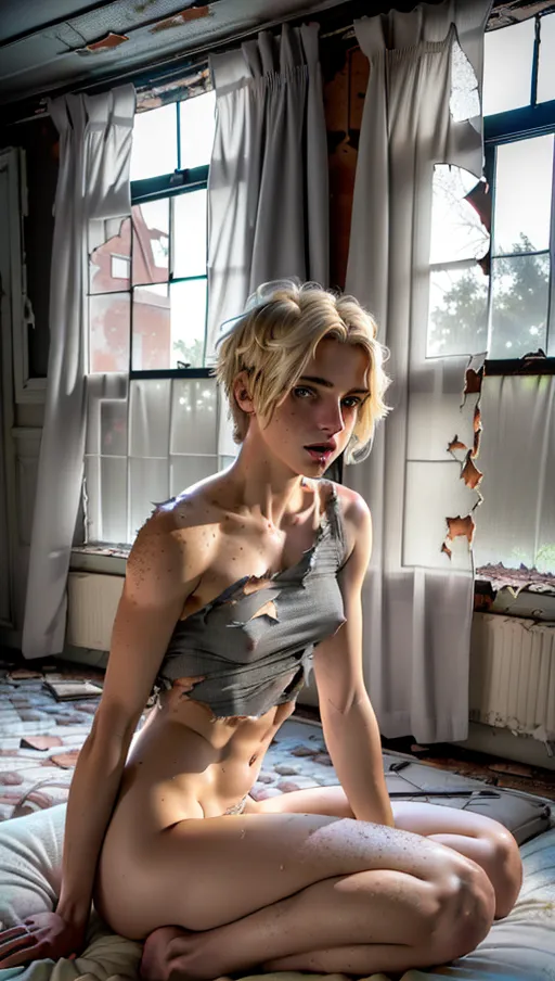 Porn casting. Dirty. Xxx. NSFW. (((A high resolution full-body shot))), (((blonde Swedish model)), fucked, ((highly detailed textured hair)), ((((short blonde hair)))), ((((detailed gorgeous face features)))), (((pale freckles))), (((dualips))), ((open mouth)), ((with a thin body and small breasts))), (((hard nipples showing))), ((((soft flat stomach and thin waist features)))), (((long skinny legs))), (((small round ass))), ((detailed female anatomical features)), (((bare shoulders))), ((loose-fitting t-shirt, exposing bare breasts))), ((revealing hard nipples)), ((bottomless))), (((sitting on the floor, with legs spread))), ((front view)), ((((((sensually looking at the camera))))), ultra erotic, ((((best quality)))), ((((high resolution)))), ((((maximum resolution)))), (((detailed background of an abandoned house)), ((detailed worn-out mattress)), ((torn window-curtains)), ((dark-gray sky outside of windows)), ((old bed-frame)), sharp-focus, editorial, aesthetic scene, foreground lighting 1.4, low_lighting, foreground-focus, fucked by two men.