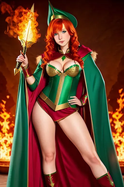 A 8k high resolution full body shot of a redhead girl, green eyes, sexy wizard outfits