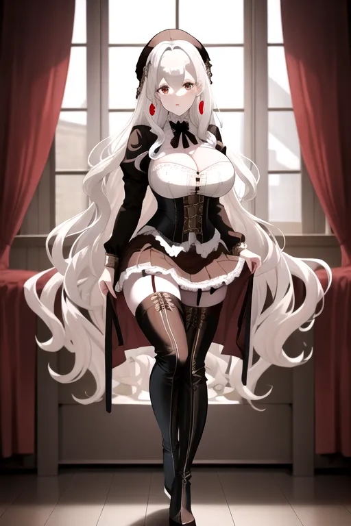 brown maid uniform, wavy hair, long hair, white hair, brown eyes, high heels, miniskirt, in bedroom, 4k, looking at viewer, pov, 1girl, cleavage, giant breasts, pale skin, silver earrings, thigh high boots, corset