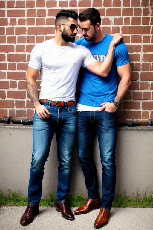 high definition image, best quality resolution, 1 very handsome stylish (thirty-something short-haired Arab) man in a suit bends over a (tall lean tired looking short haired blond Caucasian Scandinavian, jeans and t-shirt, ass and penis exposed pants around his knees) man in an alley, penetrates his asshole against a brick wall with his thick veiny ((very detailed)) penis