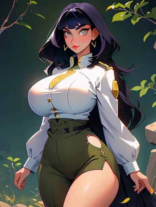 Gorgeous young Albanian woman, photo cute attractive young face, large wide doe eyes, light colored eyes, big plump lips, huge gigantic boobs, (gigantic tits), raven-black hair, bangs, sexy, thin, slim waist, tight olive-colored army fatigues, photorealistic, best quality, ultra high resolution