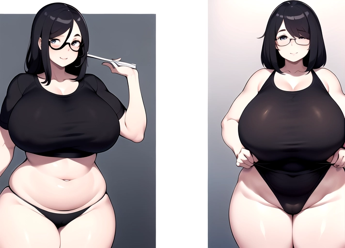 split screen, one woman pictured twice, she is 100 lbs pictured on the left and shown gaining weight becoming a bbw, thin young woman pictured multiple times gaining 100 pounds each time, weight gain sequence, (skinny woman becomes a bbw), before vs after,
