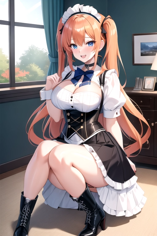 long hair, pale skin, orange hair, blue eyes, black choker, giant H-cup breasts, wavy hair, white maid uniform, smiling, full body photo, 28 years old, miniskirt, cleavage, high heels, corset, 8k quality, boots, in living room, pigtails