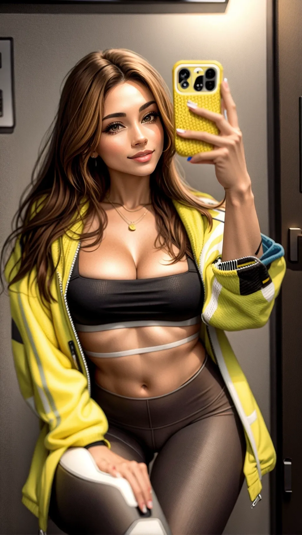 Sexy milf posing while holding her phone. She has light brown hair with yellow highlights. She is wearing a sports bra and tight leggings that show her cameltoe. She has pretty brown eyes that are different shades.