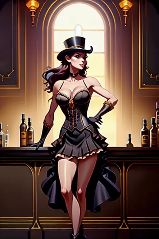 30year old woman, skinny fit body, cleavage, as an old western scarlet lady, wearing ruffled skirts and black boots, standing by the bar, smoky atmosphere, whisky, hyper detail painting, complex, hyper detailed face, perfect eyes nose and lips, 4k concept art portrait by Greg Rutkowski, Artgerm, WLOP, Alphonse Mucha, dynamic lighting, hyper detail, intricate art, Artstation process color trend, Unreal Engine 5 , volumetric lighting, pop, elegant, pure, deep color art, Greg Rutkowski art, fantasycore, airbrush, top hat, entertainer, circus director, unreal engine, greg rutkowski, loish, rhads, beeple, makoto shinkai and lois van baarle, ilya kuvshinov, rossdraws, tom bagshaw, alphonse mucha, global illumination, detailed environments