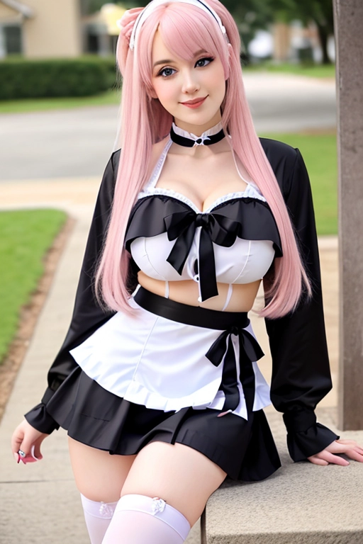long hair, pale skin, pink hair, blue eyes, black choker, giant H-cup breasts, wavy hair, maid uniform, smiling, full body photo, 28 years old, miniskirt, cleavage, high heels