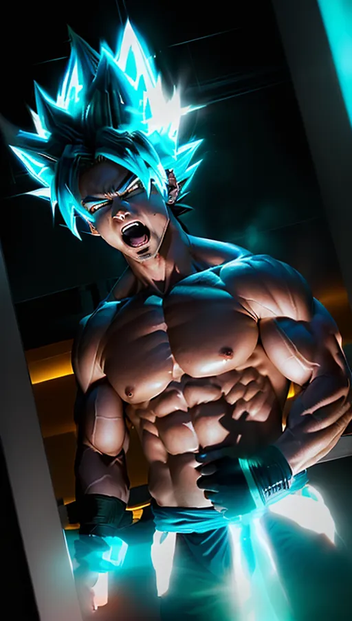 (Battle hardened Super Saiyan Goku Ultra Instinct, long hair blue enchantment, SDXL 1.0, ultra best quality, ultra high quality, ultra high resolution, ultra high realism, ultra high realistic, ultra high masterpiece 1.0, enchantment 1.2, magical 1.2, ultra cinematic effects, ultra cinematic lighting, ultimate body builder physique, ultra defined muscle tone, facing camera, facing viewer, standing with head slightly tilted downward, eyes illuminated turquoise electric light, evil expression, rage full expression)
