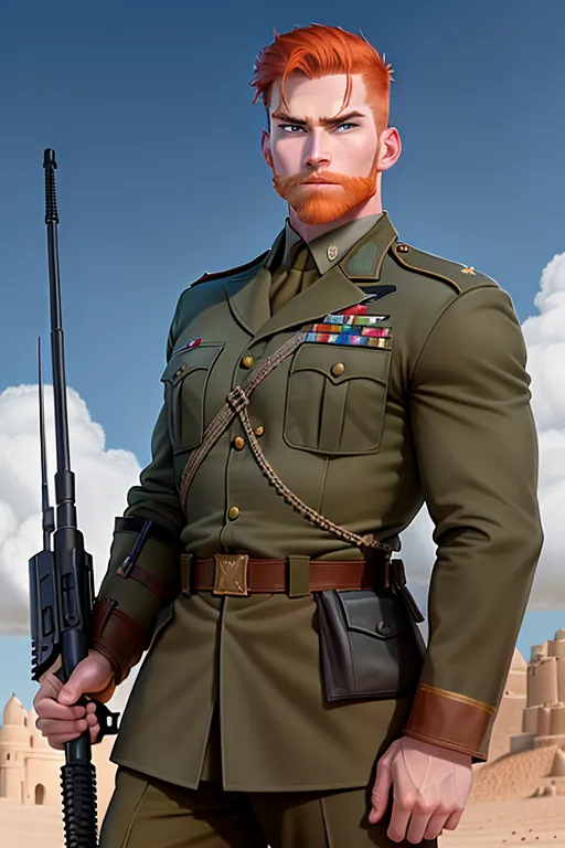 Disney animation, Soldier, French Foreign Legion, Sargent rank, strong, tough, showing muscle for his woman, shaved head, pale skin, angry eyebrows, handsome blue eyes, small nose, strong cheeks, full ginger beard, strong chin, french military field uniform, French military barret, tactical, standing aiming a realistic AR15 rifle, battle, high definition, 4k quality, excellent lighting, great shading, pristine detail, very clear picture, vibrant colors, accurate at lower promp guidence, ultra realistic, five fingers per hand.