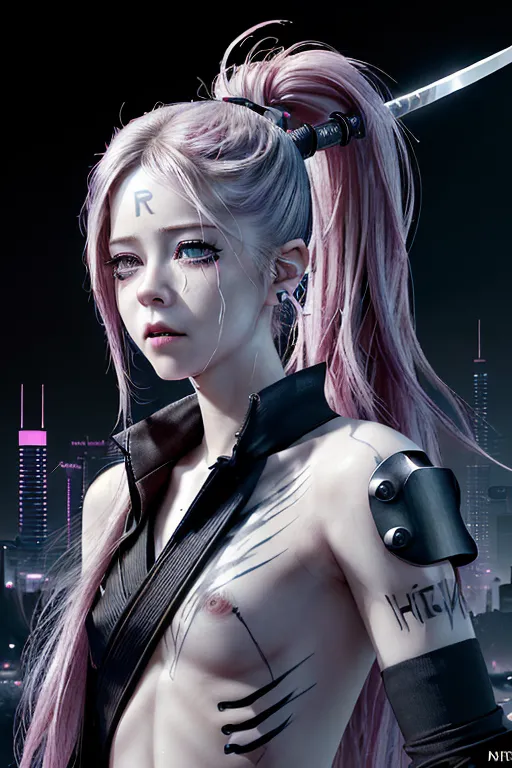 Avril Lavigne, naked, perfect face, high quality face, 64k, cyberpunk, running mascara,heavy crying ,body modification,battle scars, 1 samurai sword in hand, cyborg implants, ultra detailed image, 4k,