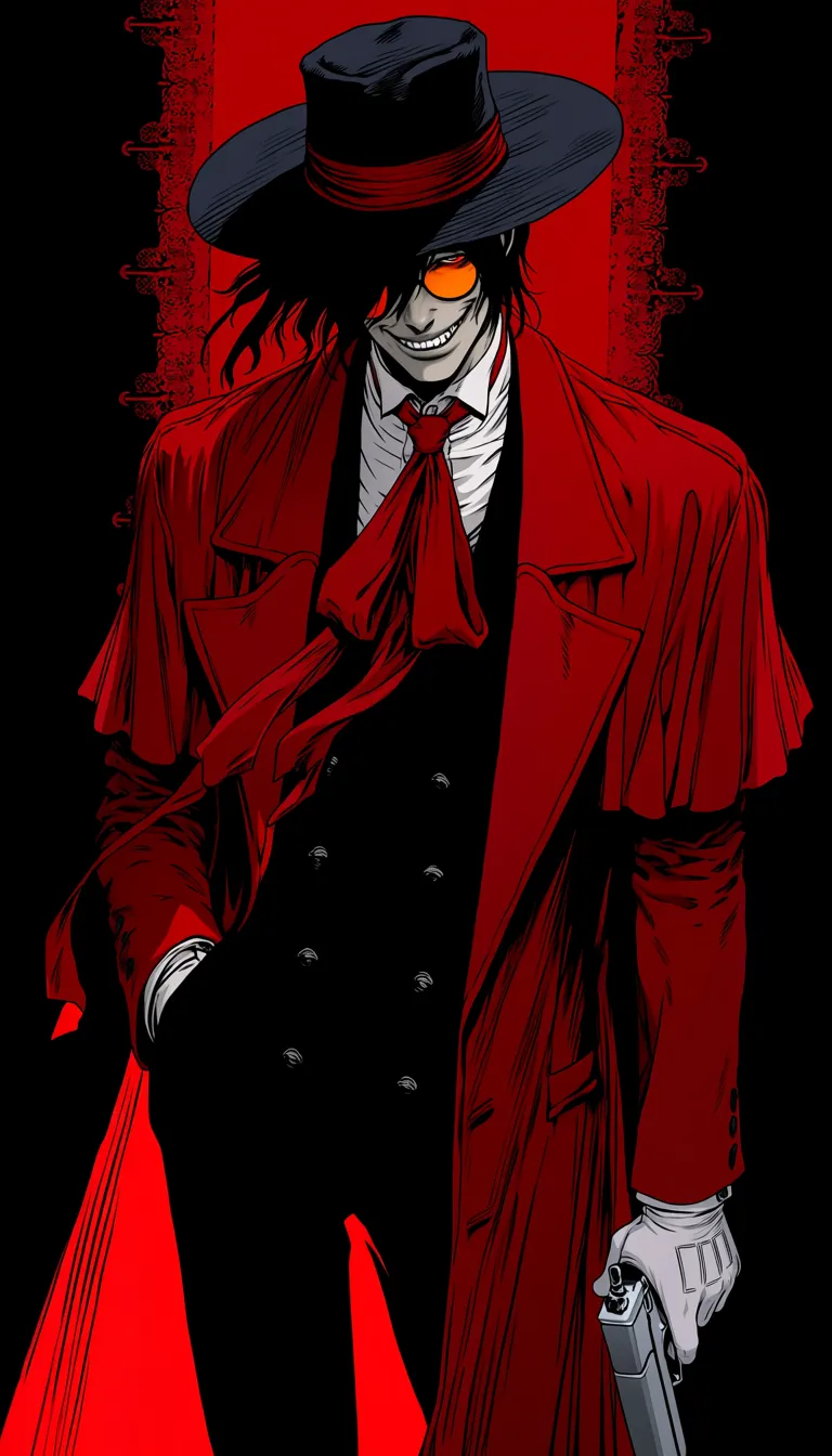 masterpiece, best quality, safe, 1boy, alucard \(hellsing\), hellsing, male focus, white dress shirt, overcoat, black hat, black hair, glasses, orange tinted eyewear, evil smile, teeth, black theme, red theme, pale skin, vampire, white gloves, holding gun, handgun