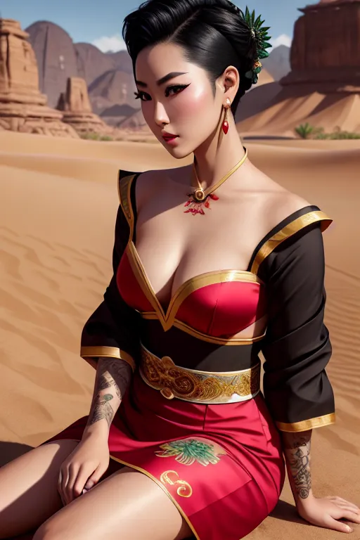 a photograph of,rio yamashita,wearing chinese costume,sitting on bent knees,in the desert,five fingers per hand,short hair,gorgeous face,beautiful lips,black eyes,curved eyebrows,smooth skin,peaceful,tattoo,unreal engine,sharp focus,highly detailed,8k,cgsociety