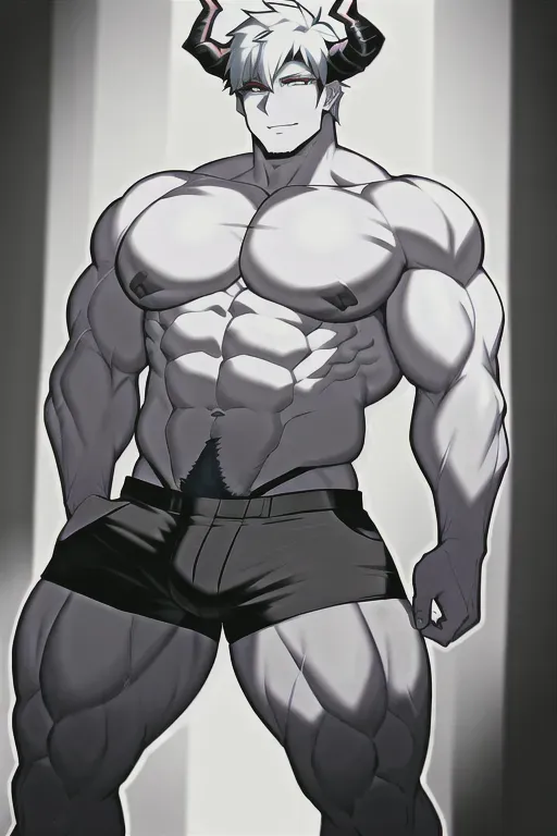 demon, white skin, black horns, cyan hair, huge pecs, thicc, extremely veiny, inhumanly buff, flexing, wearing shorts, big bulge, sexy