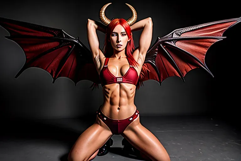 High quality photo of, dragon girl, tall, toned abs, red hair, red eyes, ivory skin, long horns, tall, dragon wings, red wings, bat wings, wings, muscular, athletic, overalls, crop top, sweaty, slightly grimy, dominant expression, protective expression, clothed, wearing overalls, wearing croptop, abs, athletic build, demon wings