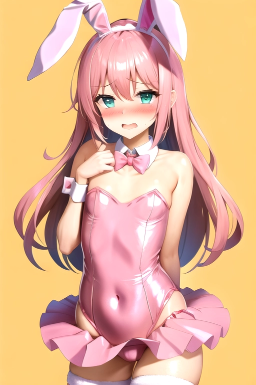 Embarrassed sissy boy wearing a pink playboy bunnygirl costume, flat chest