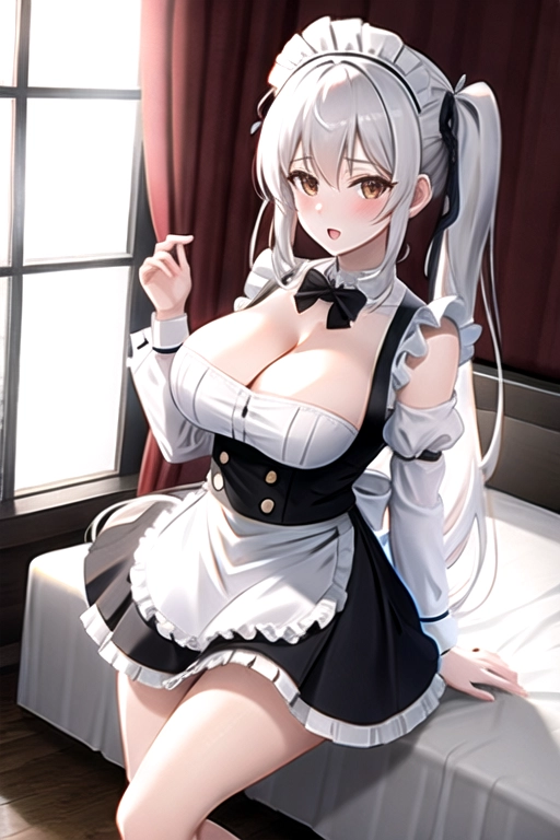 4k quality, brown eyes, pale white skin, white hair, giant breasts, cleavage, looking at viewer, pov, long hair, wavy hair, standing in bedroom, maid uniform, high heels, miniskirt, pigtails