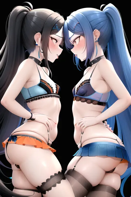 Beautiful woman with long orange and black hair in ponytail, masterpiece, best quality, (((small breasts))), detailed vagina, (((blue lingerie with mini skirt))), symmetrical eyes, wet pussy, embarrassed, (orgasm), (lesbians kissing), two people, twins