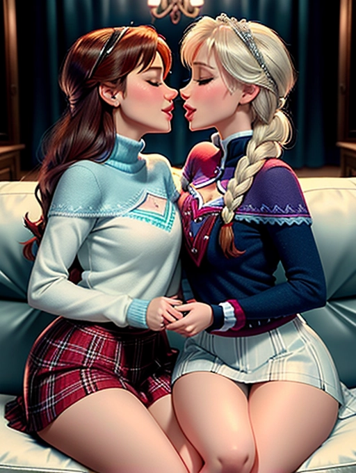 Elsa and Anna from frozen kissing wearing preppy high school girl outfits, sitting on a couch, disney princess, small breasts, smiling in pleasure, ready for sex, extremely sexy, high definition, over, 4k quality, modern living room setting, eyes closed, correct anatomy, excellent lighting, touching each other, correct faces, correct hands, passionate, correct eyes, full body, correct mouth, correct characters, hands on each other, kissing, french kiss, hot, frozen characters, lips kissing, correct noses, lesbian, fully clothed, dressed in modern times