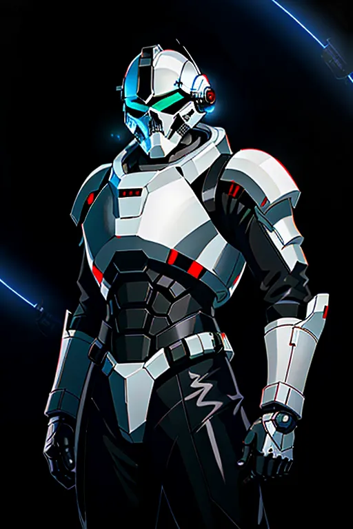 Futuristic male elite soldier, in space, grizzled veteran, the year is 3001, white ghostly skeleton skull shaped helmet and mask, black and white armored space suit, laser gun with a prominent barrel handle and trigger in the right hand, red lights emanating from suit, strong figure, muscular, commanding presence, ghostly appearance, death trooper, futuristic space marine, katana sword strapped to the back, sleek looking military fighter craft in the background, high definition, 4k quality, excellent lighting, great shading, pristine detail, very clear picture, beautiful vibrant colors, accurate at lower prompt guidence, ultra realistic, five fingers per hand.