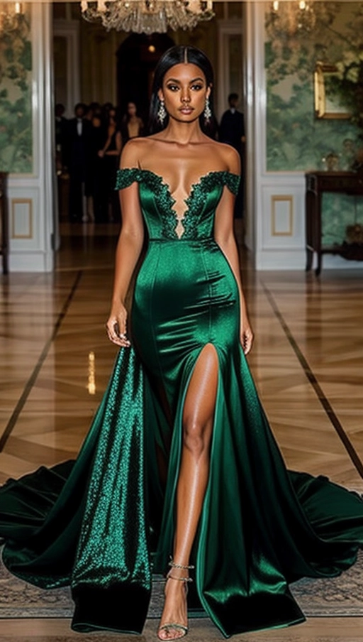 Satin evening gown, deep emerald, off-the-shoulder, fitted bodice, mermaid silhouette, floor-length, intricate beadwork, sparkling sequins, thigh-high slit, elegant train, plunging neckline, delicate lace trim, crystal embellishments, rich velvet accents.