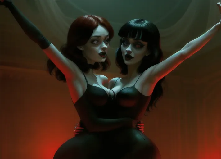 two ladies in a dark atmospheric modern goth nightclub, Dakota Fanning as Mavis Dracula of Hotel Transylvania in tight black revealing attire and hypnotic red glowing eyes, dancing the night away with beautiful good auburn haired Elizabeth Lail as Anna of Arendelle in a modest light green royal gown. Photorealistic, b-horror film screencap,
