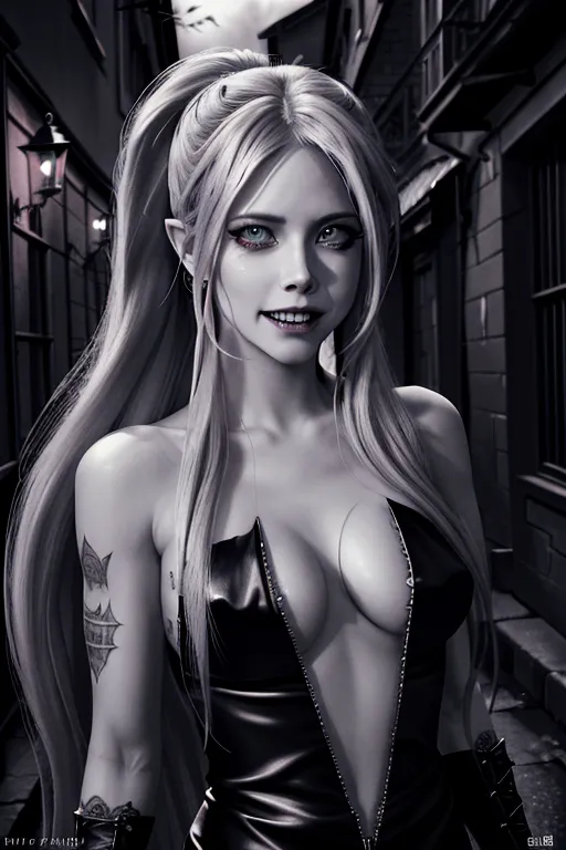 (Avril Lavigne), naked, ultra detailed face, 64k, vampire, razer sharp teeth, vampire teeth, blood on teeth, squinting menacing eyes, evil expression, dark alley, body modification, ultra detailed body image, 4k, ultra realistic, photo realistic,upper body portrait,