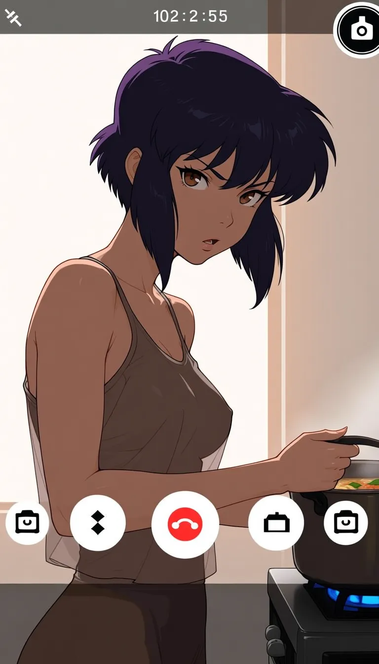 source_anime, Ghost in the Shell (1995),
score_7, score_8, consistent anatomy, highest quality, expert shading, realistic body,
9:16 portrait aspect ratio, phone screen video call interface, viewer's POV looking at own smartphone screen, candid screen,
camera view represents the phone itself (invisible, acts as the viewer's eyes), no physical phone or device visible anywhere in frame, character speaks and reacts directly to camera as if making eye contact with a person, natural conversational engagement with the lens,
${camera_handling}, ${activity}, ${setting}, ${finish},
character reacting naturally to current camera distance/angle, casual home clothing, unposed candid moment,
${fixed_ui},
anime illustration style, clear anatomy, natural hands, natural indoor lighting, screen compression softness, slight screen glare and edge vignette suggesting phone glass surface
###
${camera_handling=!{
phone held too close to face, slight fisheye distortion, only upper face and forehead visible, looking slightly off-camera
|phone held far at arm's length, full upper body visible, character looking down slightly at own screen
|phone propped on table, character walking away from frame, back partially turned, glancing over shoulder at camera
|phone tilted upward from below (character set it on lap), looking down into camera, chin visible prominently
|phone tilted downward from above (character holding above head or propped high), looking up into camera
|phone resting on nightstand at low angle, character lying down, head turned sideways toward camera
|phone shaking slightly as character walks with it in hand, motion blur at frame edges, off-center framing
|phone held sideways momentarily, frame slightly rotated, character laughing at own mistake
|phone propped against mirror, character turned three-quarters away, glancing back at reflection and camera
|character leaning very close to grab something, one hand fills foreground, face partially cropped by proximity
|phone left standing on counter, character moving in and out of frame, only partially visible at frame edge
|phone held at chest height while sitting, relaxed medium shot, natural eye contact
|phone tilted awkwardly on pillow, character sprawled sideways, half of face cropped by frame edge
|character passing phone between hands, brief motion blur, off-balance framing mid-adjustment
}},
###
1girl, 1other,
Young girl Motoko Kusanagi (Ghost in the Shell), very detailed face, facial features emphasized to create a realistic look,
${outfit}, ${figure}, ${skin_hair}, ${eyes}.
${figure=!{super feminine fit body with long legs, thin waist and wide hips, emphasizing body shape}},
1girl, ${figure},
${activity=!{
sitting on floor doing yoga stretch, camera at eye level across the room, talking mid-pose
|standing at stove flipping pancakes, camera angled from counter height nearby, turning head to answer
|soaking in bathtub with bubbles up to shoulders, camera angled from bathroom shelf height, relaxed conversation
|lying face-down on bed in pajamas, camera at nightstand height, chin resting on crossed arms
|shaving legs in shower with door cracked open, camera angled from sink counter height, steam visible, casual chat
|vacuuming living room, camera at shelf height across the room, glancing over while cleaning
|applying face mask in bathrobe, camera at mirror height, laughing at own reflection
|doing sit-ups on yoga mat, camera at low angle near couch, breathless mid-conversation
|changing bedsheets, camera at windowsill height, mid-task with sheet draped over shoulder
|eating ramen straight from pot at stove, camera at counter height, talking with mouth full
|lying in hammock on balcony, camera at railing height, feet dangling, relaxed tone
|doing laundry, sorting clothes into piles on floor, camera at washing machine height
|brushing teeth at sink in tank top, camera at shelf height, mumbling through toothpaste foam
|lounging half-undressed changing outfits, camera at dresser height, casually chatting while dressing
|ironing clothes on board, camera at chair height nearby, steam rising, casual back-and-forth
|sprawled on couch under blanket with tissues nearby, camera at coffee table height, sick day chat
|doing dishes at sink in oversized shirt, camera at windowsill height, sleeves rolled up
|stretched out on bedroom floor painting toenails, camera at bed frame height, legs up
|towel-drying hair fresh out of shower, camera at bathroom counter height, robe loosely tied
|kneeling by bed searching under it for something, camera at bed height, half out of frame
}},
${finish=!{
0.7::natural candid moment, slight webcam compression softness
|0.3::{soft window light|warm lamp glow|slight lens flare from screen}
}},
${fixed_ui="UI overlay, fixed layout: contact name banner centered at top edge, call timer directly below banner reading {'12:47'|'12:52'|'12:55'|'1:05'|'2:21'|'3:45'}, below at the top of screen in medium size Caller ID reading 'Motoko <3', small circular self-camera preview thumbnail in top-right corner, three call-control icons in a row near bottom edge (mute microphone icon left, speaker icon center, red end-call button right), thin status bar at very top showing time and battery icon, all UI elements in flat white icons on semi-transparent dark rounded bar, consistent icon style, consistent position across frame"},
###
{0.60::(rating:safe, sfw, tasteful, fully clothed, safe for work, body covered, decent, safe, clothes) | 0.40::(hentai, doujinshi, pornographic, nsfw, rating:explicit, rating:questionable, naked, nude, nudity, exposed, see-through, sexy, erotic, obscene, sexual content, suggestive pose)},