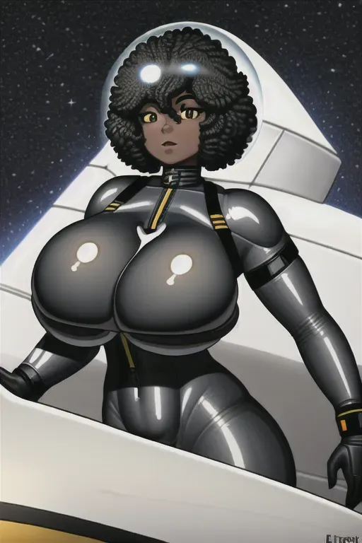 ebony astronaut woman with curly black hair and helmet nude with big breasts drawn as an icon