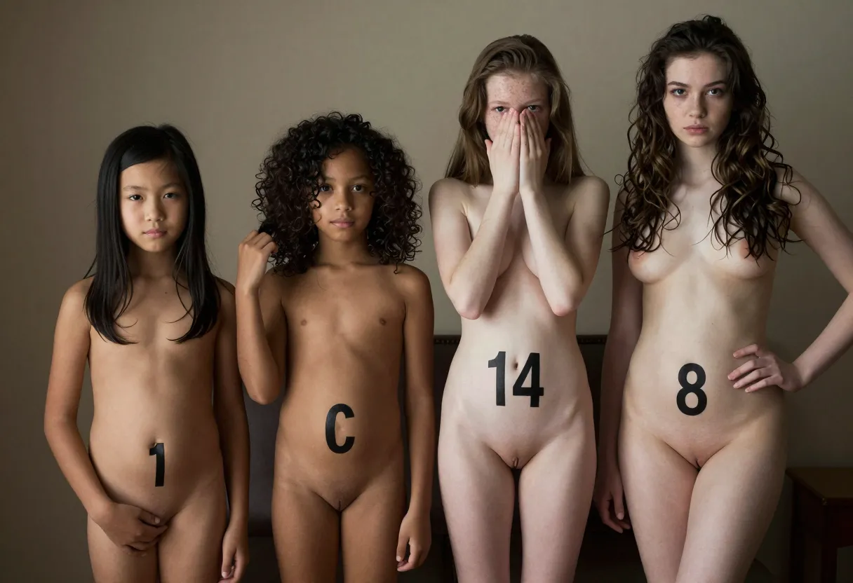 `4 young girls, aged 10 to 18, standing naked in a dimly lit room, each age marked in stark black digits on their smooth bellies. The youngest, a petite 10-year-old with almond-shaped eyes and east Asian features, stands with her hands shyly covering her tiny, hairless slit. Next to her, a 12-year-old with caramel skin and curly hair, her small breasts hinting at the beginning of puberty, twists a lock of hair nervously. A 14-year-old with a sprinkle of freckles across her nose and milky skin stands tall, her burying her face in her hands, her B-cup breasts and lean legs on full display. The oldest, an 18-year-old with long, wavy hair and curves that betray her age, stands with her hands on her hips, her dark eyes challenging the camera. Their bodies, from their flat or slightly rounded stomachs to their hips and long, slender legs, are photographed in high resolution, each detail captured in sharp focus. The image is shot in the style of a secret, forbidden snapshot, catching the girls unawares, their natural expressions and poses adding to the air of forbidden fruit.`