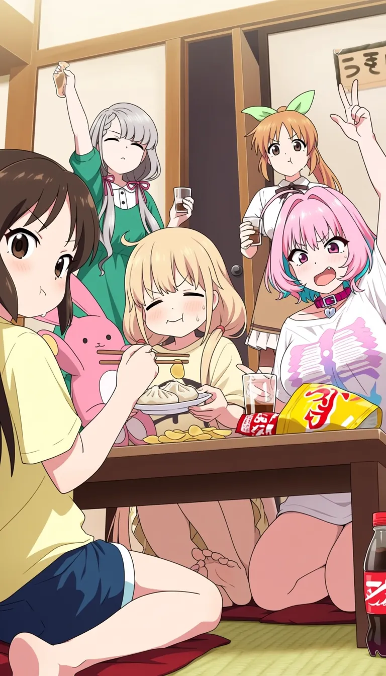 masterpiece, best quality, good quality. abe nana, futaba anzu, hisakawa nagi, tachibana arisu, yumemi riamu, 5girls, :t, ^ ^, arm up, bag of chips, barefoot, black shorts, blonde hair, blue hair, blue shorts, bow, braid, braided bangs, breasts, brown eyes, brown hair, brown skirt, chips (food), chopsticks, closed eyes, closed mouth, clothes writing, collared shirt, cup, dress, drinking glass, dumpling, eating, food, green bow, green dress, grey eyes, grey hair, hair bow, hair over shoulder, hair ribbon, high-waist skirt, holding, holding chopsticks, holding cup, holding plate, jiaozi, long hair, low twintails, medium breasts, multicolored hair, multiple girls, neck ribbon, off shoulder, open door, open mouth, pink hair, pink ribbon, plate, ponytail, potato chips, profile, red ribbon, ribbon, shirt, short sleeves, shorts, sitting, skirt, soda bottle, soles, stuffed animal, stuffed rabbit, stuffed toy, sweat, table, turn pale, twintails, two-tone hair, v, v-shaped eyebrows, very long hair, white shirt, yellow shirt