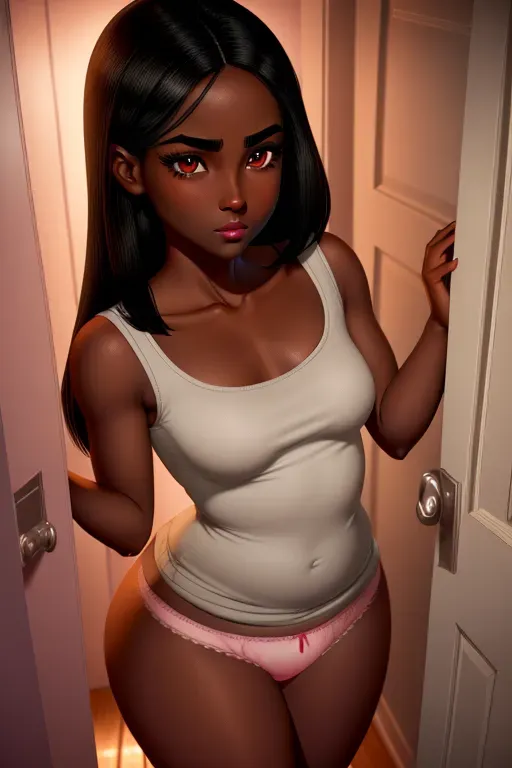 Cute wife, dark skin, mid length straight hair, dark eyebrows, dark eyelashes, mascara, hazel eyes, small nose, full pink lips, strong cheekbones, soft cheeks, narrow chin, thin figure, small breasts, thin waist, curvy ass, thin thighs, wearing a loose grey shirt, wearing cute pink cotton panties, aroused, submissive, ready for sex, standing in the doorway of her closet undressing, looking at me, Disney animation, high definition, 4k quality, cinematic lighting, great shading, excellent detail, five fingers per hand