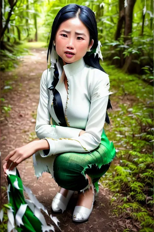 a photograph of the girl in the picture,wearing simple white ao dai,squatting,in the forest,small breasts,five fingers per hand,fishtail hair,gorgeous face,beautiful lips,green eyes,textured skin,wearing golden ring,artstation,editorial,studio lighting,sharp focus,ultra realistic,((((((torn clothes)))))),(((cum on her body))),(((crying)))