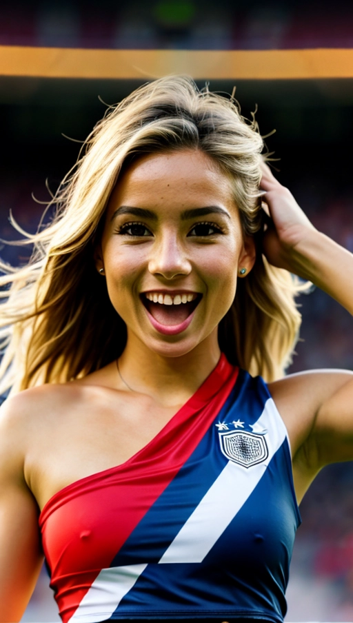 Ethnic group - German,
Age - 24 years,
Skin type - fair,
Hair color and style - blonde, shoulder-length, loose waves,
Face - oval shape,
Eyes - blue, sparkling with excitement,
Mouth - wide smile, full lips,
Nose - straight and petite,
Clothing style - casual sporty, wearing a Germany football jersey, denim shorts,
Location - inside a football stadium, surrounded by a cheering crowd,
Position - standing, one arm raised in the air, other hand holding a flag,
Teasing pose - jumping in excitement, foot slightly off the ground,
Emotional expression - exuberant joy, cheering with open mouth,
Accessories - Germany flag painted on her cheeks, team scarf around her neck,
Make up - minimal, natural look with emphasis on eyes,
Tattoos - small soccer ball tattoo on her ankle,
Camera angle - slightly below eye level, looking up to capture her excitement,
Lighting - natural stadium lights, high contrast,
Resolution - high resolution for sharp details,
Camera type - DSLR,
Camera settings - f2.8, 1-1000s shutter speed, ISO 800,
Focus - on her face and upper body, background slightly blurred to emphasize her,