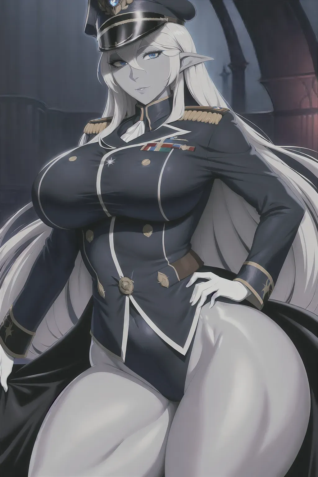 drow, dungeons and dragons drow, dnd drow, admiral uniform, military dress uniform, scifi admiral,military cap, big ass, big breasts, wide hips, ship bridge background, 8k, detailed