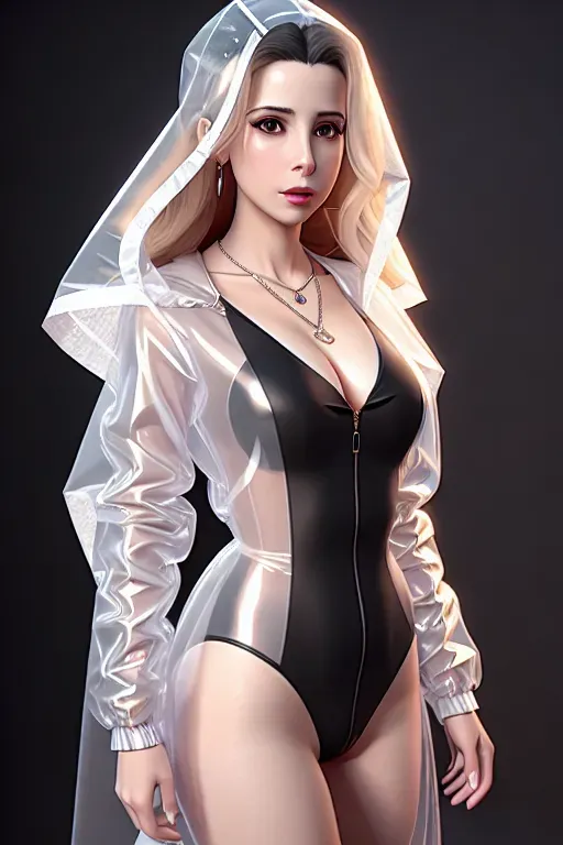 a digital painting of,mira sorvino,wearing transparent raincoat,all-fours,five fingers per hand,wavy curtain bang,beautiful face,beautiful lips,black eyes,curved eyebrows,pale skin,erotic,wearing necklace,unreal engine,smooth,pixiv,editorial,cgsociety