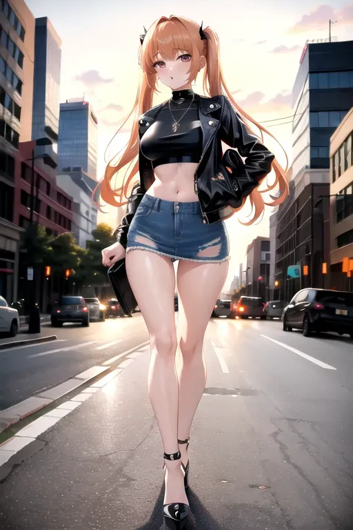 full body, strawberry blonde hair, hazel eyes, short girl, denim miniskirt, black high heels, looking at viewer, long hair, pale skin, silver necklace, black crop top, 24 years old, giant breasts, cute face, pov, wavy hair, city environment, Oklahoma City, wide eyes, erotic, skirt tug, leather jacket, nighttime, black backpack, slim body, low pigtails, running towards camera