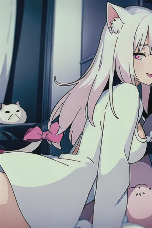 ghibli style, best quality, highly detailed , catgirl posh style ,white short bobcut with white cat ears, white color hair, , only cat type ears, pink catlike eyes, dressed in white plain clothing with pink bow, catgirl anime digital art, looking at viewer, white hair, bow, elegent long white gloves, chibi cute style, exciting happy mouth open expression ((masterpiece)) ((masterpiece)) <lora:dpmg_ghibli_style:0.92>